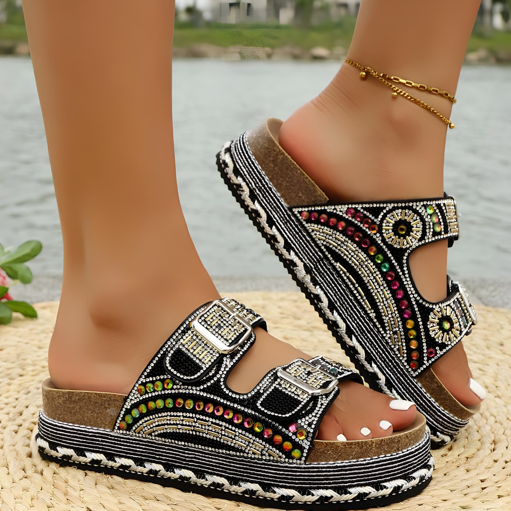 Boho Crystal Cork Slides – Bold. Beaded. Unforgettable