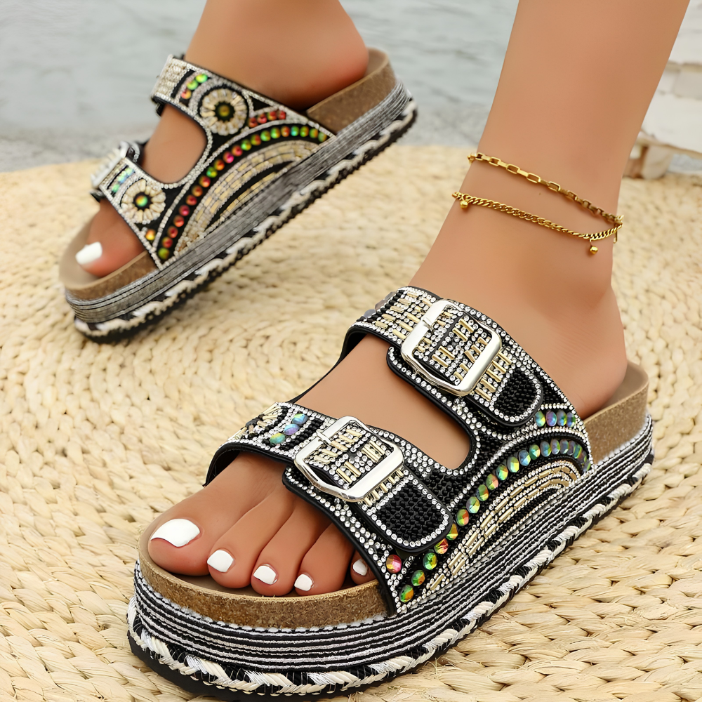 Boho Crystal Cork Slides – Bold. Beaded. Unforgettable
