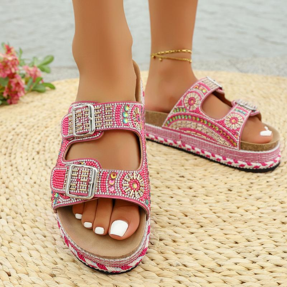 Boho Crystal Cork Slides – Bold. Beaded. Unforgettable