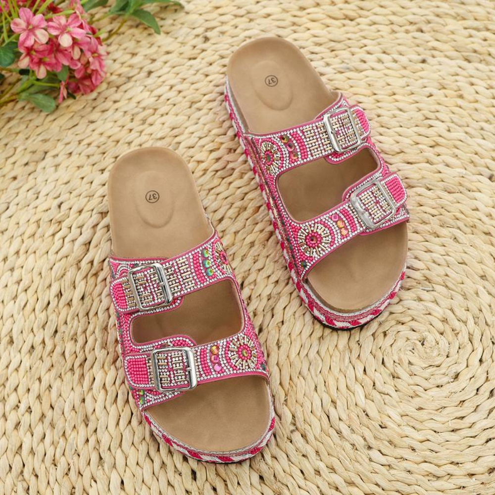 Boho Crystal Cork Slides – Bold. Beaded. Unforgettable